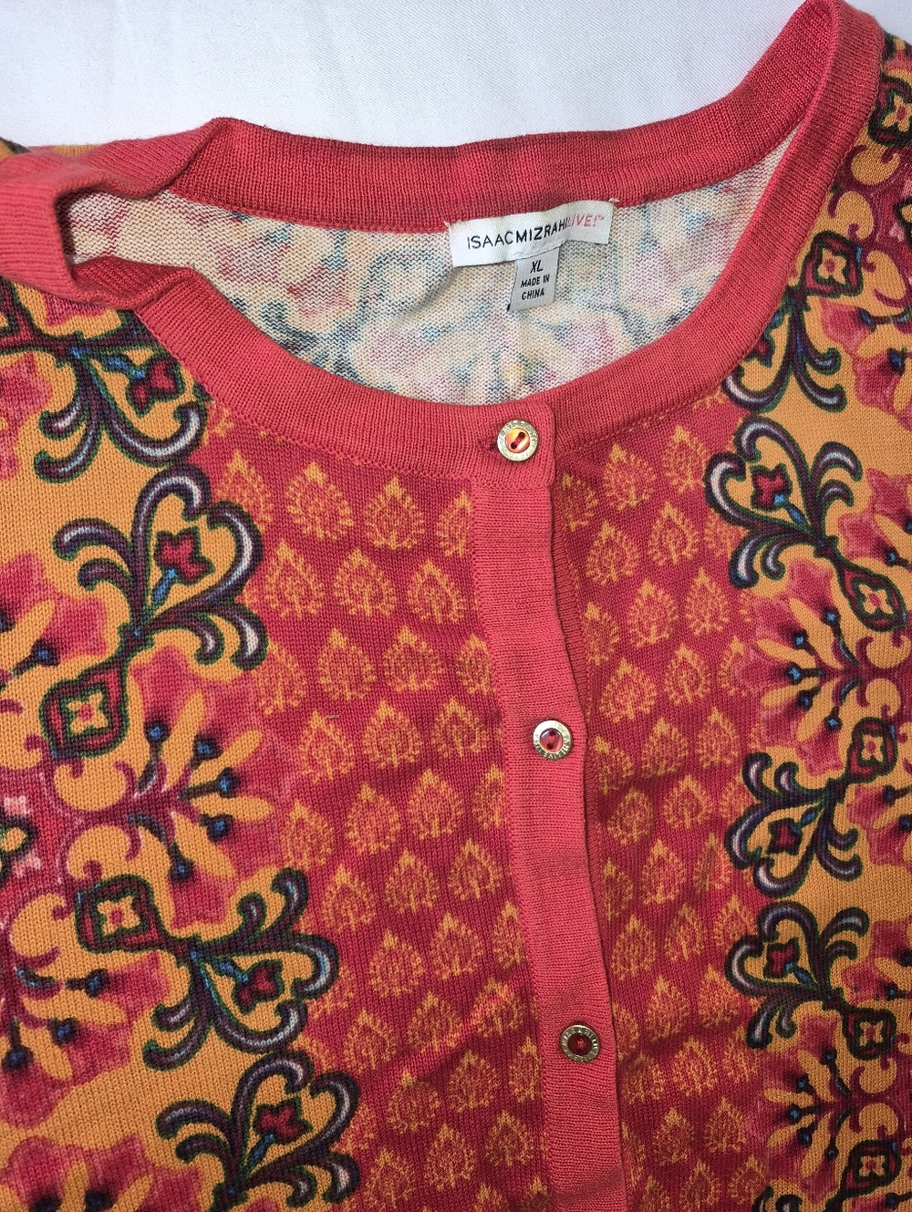 Isaac Mizrahi Live! Gree & Orange Patterned Cardigan With 3/4